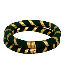 Pair of Green Thread Bangles with Golden Ribbon