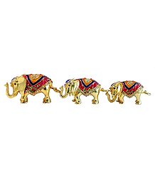 Set of 3 Stone Studded Brass Elephant Containers
