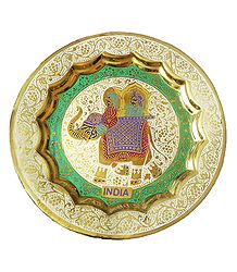 Meenakari Brass Plate with King on Elephant Design - Wall Hanging