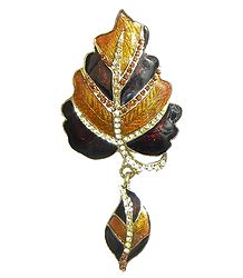 Stone Studded Laquered Leaf Shaped Brooch