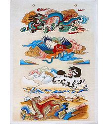Buddhist Animals - Hand Painting on Jute Fabric - Unframed Wall hanging