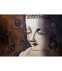 Buddha Face with Peacock Feathers