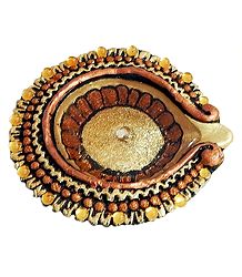 Hand Painted and Acrylic Stone Studded Golden Circular Diya with Gel Wax Candle