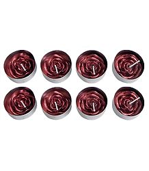 Set of Eight Floating Red Rose Wax Candles in Metal Container