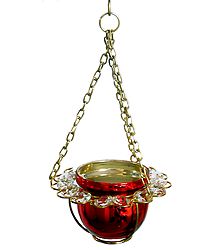 Metal Red Bowl with White Crystal Hanging Candle Holder