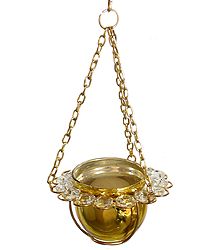 Metal Golden Bowl with White Crystal Hanging Candle Holder