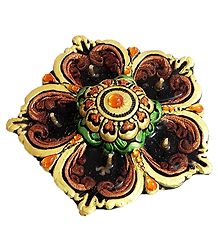 Hand Painted Acrylic Stone Studded Panchamukhi Flower Diya with Gel Wax Candle