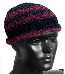 Ladies Hand Knitted Black with Light Maroon Stripe Beanie Woolen Cap