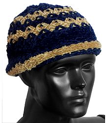 Ladies Hand Knitted Black with Light Brown Stripe Beanie Woolen Hat