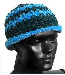 Ladies Hand Knitted Dark Green with Cyan Blue Stripe Beanie Woolen Hat