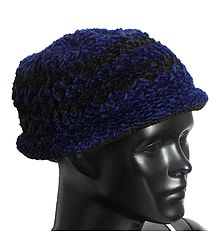 Ladies Hand Knitted Black and Blue Woolen Beanie Cap