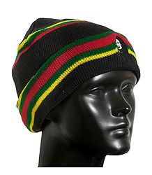 Red, Green and Yellow Stripe on Black Woolen Beanie Cap