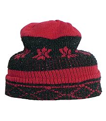 Red Design on Black Woolen Gents Beanie Cap