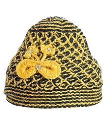 Ladies Hand Knitted Yellow and Black Woolen Beanie Cap