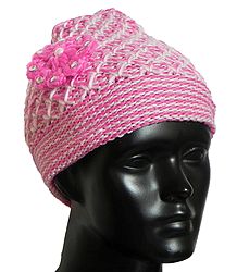 Ladies Hand Knitted Pink and White Woolen Beanie Cap