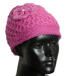 Ladies Hand Knitted Dark Pink Woolen Beanie Cap