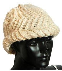 Ladies Hand Knitted Cream Woolen Beanie Cap