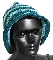 Hand Crocheted Light Cyan Blue with Dark Blue Stripe Ladies Woolen Hat