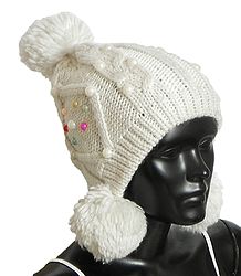 Ladies Hand Knitted White Woolen Bobble Cap