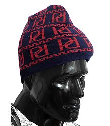 Red Design on Blue Woolen Gents Beanie Cap