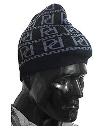 Grey Design on Black Woolen Gents Beanie Cap