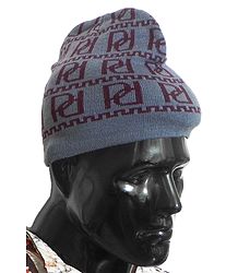 Maroon Design on Grey Woolen Gents Beanie Cap