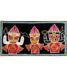 Appliqued Jagannthdev, Balaram and Subhadra on Black Velvet Cloth - (Wall Hanging)