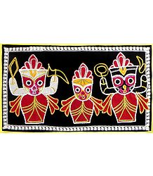 Appliqued Jagannathdev, Balaram and Subhadra on Black Velvet Cloth - (Wall Hanging)