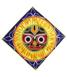 Appliqued Jagannathdev Face on Blue Velvet Cloth - Wall Hanging