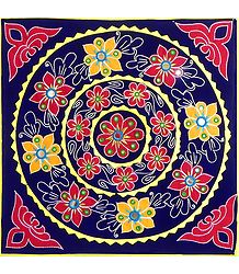 Appliqued and Embroidered Flowers on Blue Velvet Cloth - (Wall Hanging)