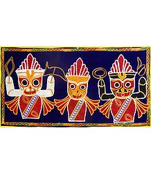 Appliqued Jagannthdev, Balaram and Subhadra on Blue Velvet Cloth - (Wall Hanging)