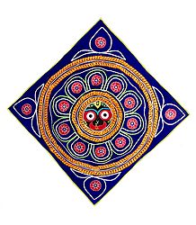 Appliqued and Embroidered Face of Jagannathdev Decorated with Golden Zari on Blue Velvet Cloth - (Wall Hanging)