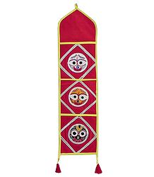 Letter and Paper Holder with Three Pockets in Red Velvet Cloth with Appliqued Jagannathdev - (Wall Hanging)