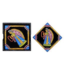 Set of 6 Square Table Coasters and Holder with Tikuli Painting