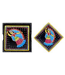 Set of 6 Square Table Coasters and Holder with Tikuli Painting