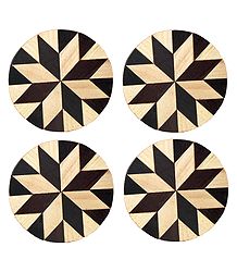 Brown and Off-White Round Wooden Coasters - Set of 4