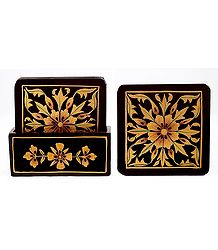 Set of 6 Hand Painted Square Table Coasters and Holder
