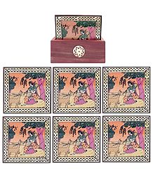 Set of 6 Gemstone Ragini Painting Coasters with Holder