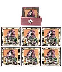 Set of 6 Gemstone Bani Thani Painting Coasters with Holder