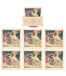 Set of 6 Gemstone Ragini Painting Coasters with Revolving Holder
