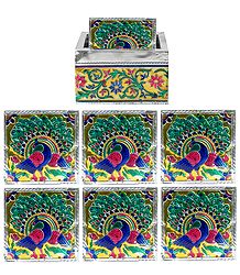 Set of 6 Wood Coasters with Colorful Foil Paper and Holder