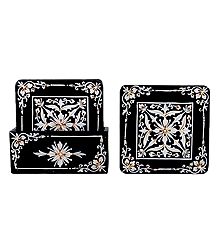 Set of 6 Hand Painted Square Table Coasters and Holder