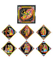Set of 6 Square Table Coasters and Holder with Tikuli Painting