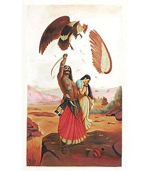Jatayu Vadh - Raja Ravi Varma Multicolor Painting on Canvas