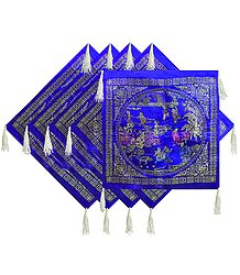 Set of 5 Dark Blue Satin Silk Cushion Covers Depicting Life in Traditional China