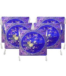 Five Pieces Dark Blue Satin Silk Cushion Covers with Floral Design