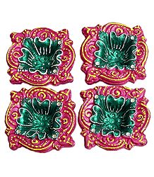 Set of 4 Hand Painted Dark Pink with Green Designer Diya