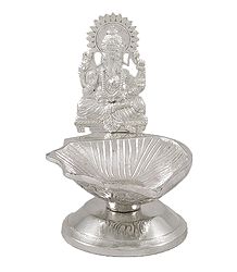 White Metal Oil Lamp with Ganesha