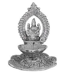 White Metal Oil Lamp with Lakshmi