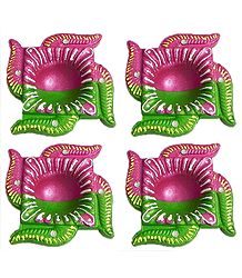 Set of 4 Hand Painted Terracotta Swastik (Auspicious Hindu Symbol) Diya